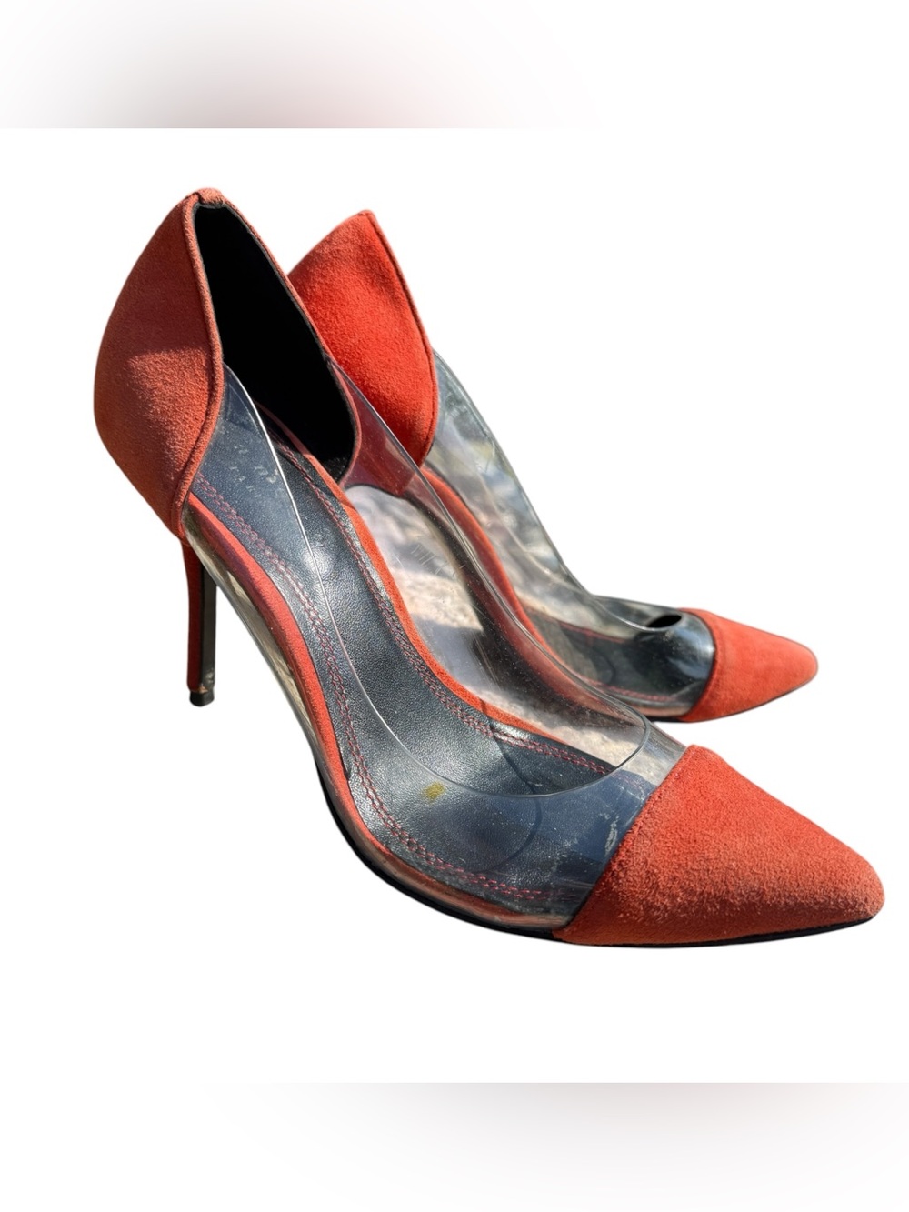 Sandro Paris Orange Suede Clear PVC D’Orsay Stiletto Pumps Heels EU 36 Y2K US 6